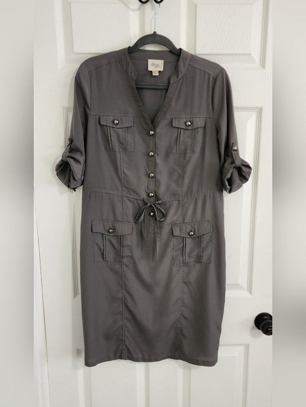 Beige by Eci Gray Utility Shirt Dress Size 8 (Fits M) Tie Waist Safari Style
